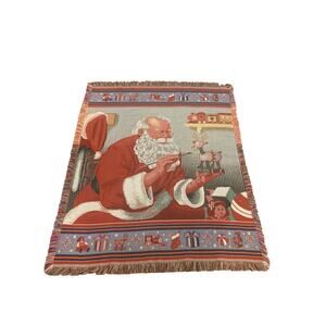 Vintage Christmas Santa Claus workshop Fringed throw blanket 48”x60” Tapestry